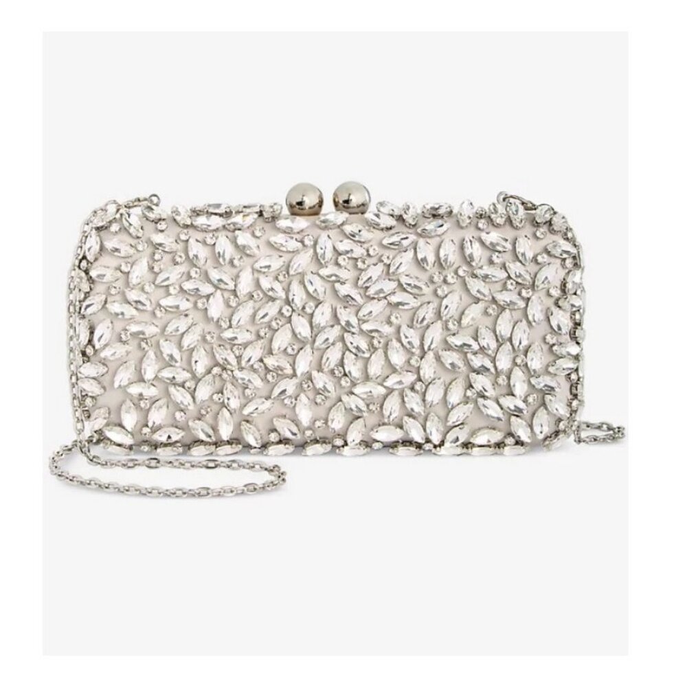 INC East West crystal embellished satin clutch minaudiere shoulder bag SILVER(U)